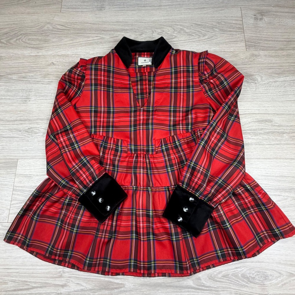 Tuckernuck Royal Stewart Bristol Red Plaid Velvet‎ Collar Tiered Peplum Blouse M